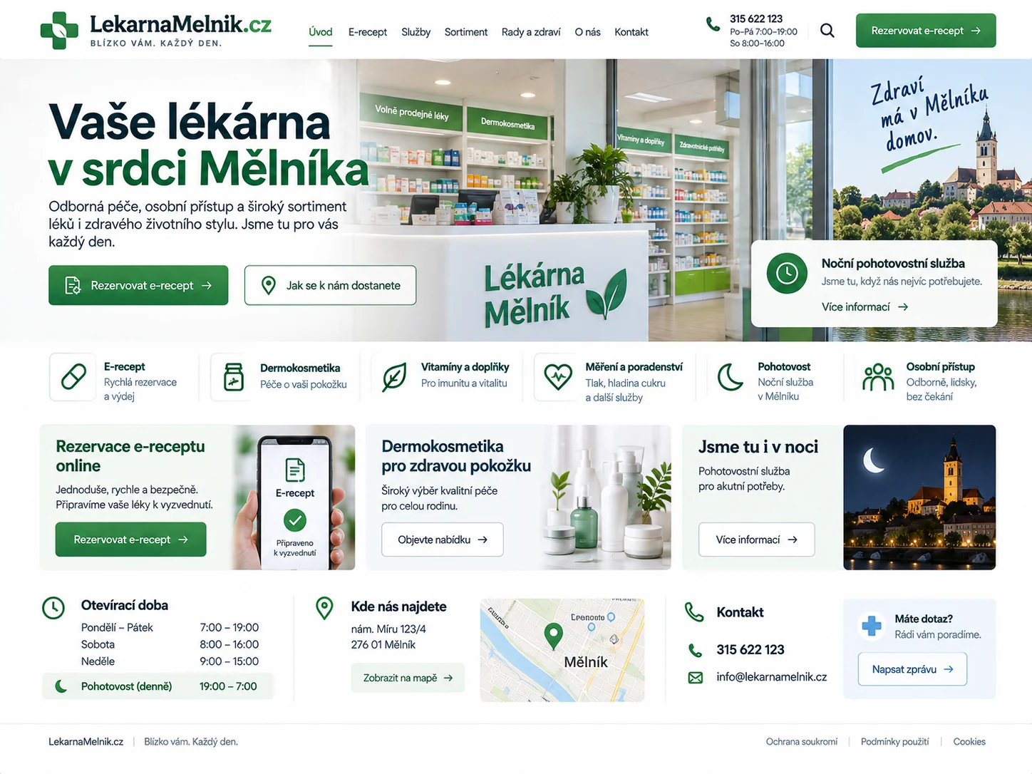 Ilustrační návrh webu LekarnaMelnik.cz v zelené a tmavě modré s moderní lékárnou a pohledem na Mělník